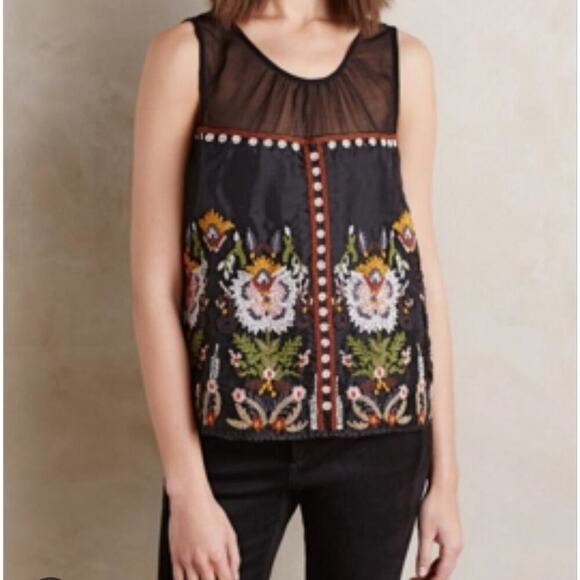 Anthropologie FLOREAT Nalini Beaded Blue Embroidered Beaded Sleeveless Top SZ 2 - Picture 1 of 13